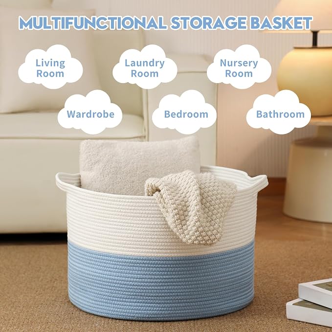 Foldable Laundry Hamper Basket with Collapsible Handle Cotton Rope Soft Woven Fabric Storage Organizer Clothes Toys Nursery Bedroom Dorm Space Saving Bin (White & Blue, 65L(19.7"D x 12.6"H)) - Image 3