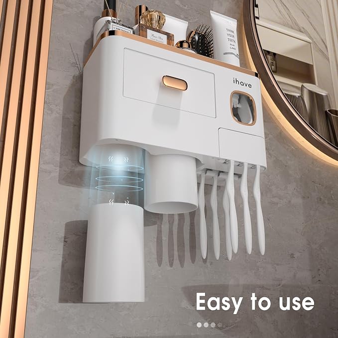 iHave Toothbrush Holders Bathrooms Wall Mount Toothpaste Dispenser & 2 Cups - Image 3