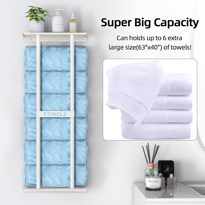 STWWO Wall Towel Rack for Rolled Towels, Towel Storage for Small Bathroom Can Holds 6 Large Towels, 30 inch Towel Racks with Shelf, White - Image 5