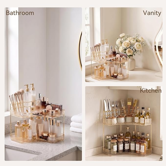 2-Tier Corner Bathroom Counter Organizer with Makeup Brush Holder, Gold - Image 6