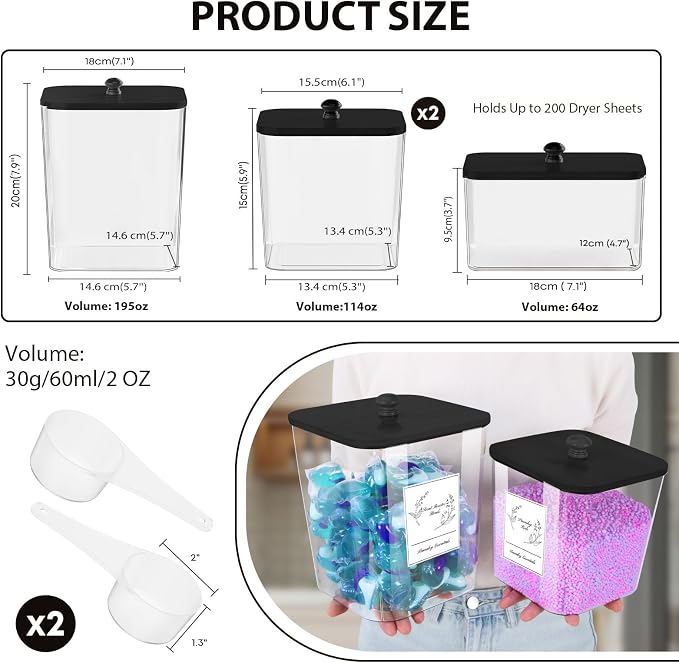 COAZEX 4 Pack Clear Laundry Pods Container & Dryer Sheet Holder,Black Lids - Image 2