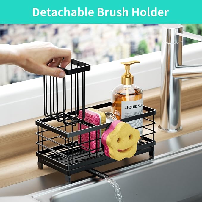 HapiRm Sponge Holder for Kitchen Sink - Self-draining Sink Caddy with Smiley Face and Brush Holder, Stainless Steel Kitchen Countertop Essentials and Gadgets - Black - Image 4