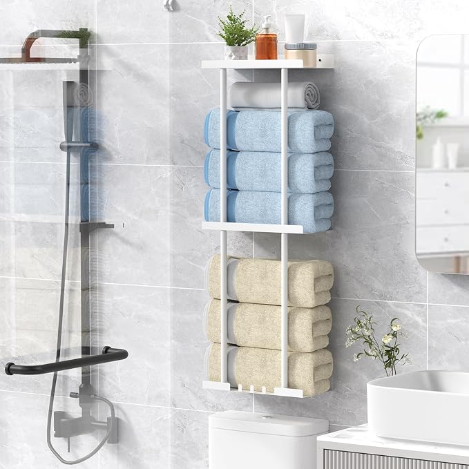 Liuoud Towel Rack for Bathroom, Wall Mounted Vertical Rolled Towel Storage Organizer Holder with Shelf, Holds Up 6 Large Bath Sheets, White Large Size - Image 7