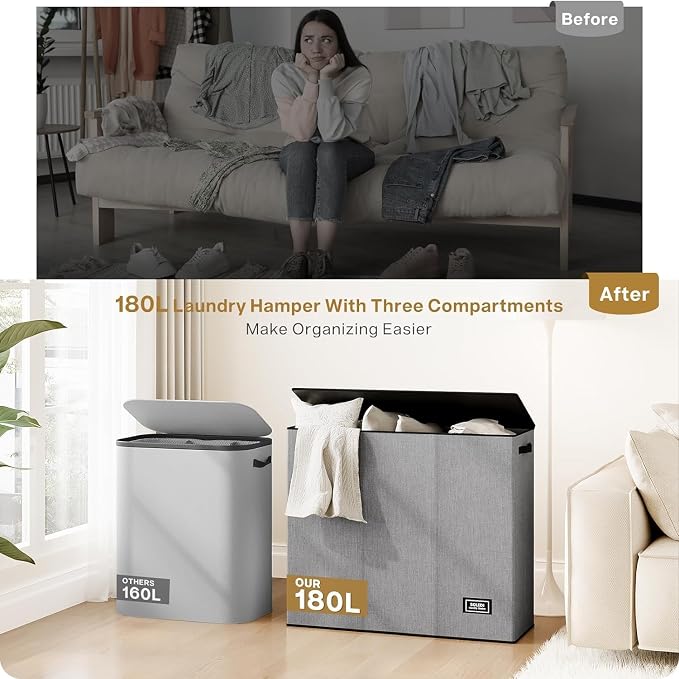 SOLEDI Large Laundry hamper 3 Section with Laundry Bag, XL Clothes Basket - Image 8