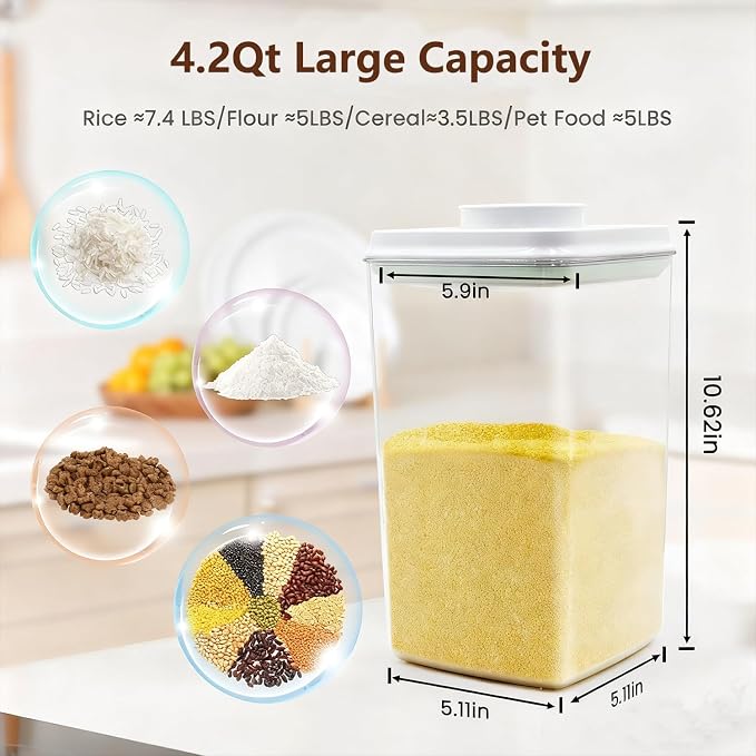 Melovom 4 Pcs Large Pop Airtight Food Storage Containers Set with Lids, 4.2Qt/4L Food Containers with Scoop, Kitchen Pantry Organization and Storage, BPA Free Stackable Cereal Container (4 * 4.2Qt) - Image 3