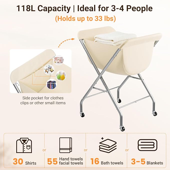 ELYKEN Laundry Basket with Wheels, Collapsible Laundry Hamper, Cream - Image 4