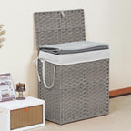 DUMOS Wicker Laundry Basket with Lid, 110L Woven Laundry Hamper with Handles, Foldable Rattan Clothes Hamper with Removable Liner & Sturdy Steel Frame, Dove Gray - Image 8