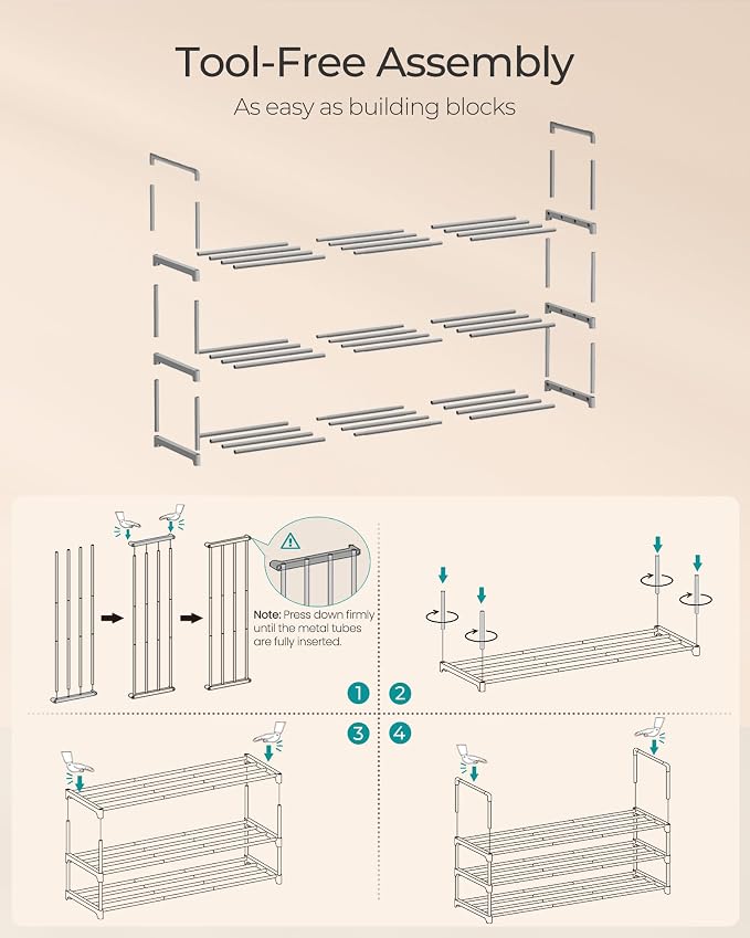 SONGMICS Shoe Rack, 3-Tier Shoe Organizer, Metal Storage Shelf | for Entryway, Upright or Upside Down, for 16-20 Pairs, Stackable, 11.8 x 36.2 x 21.7 Inches, Gray ULSA303G01 - Image 5