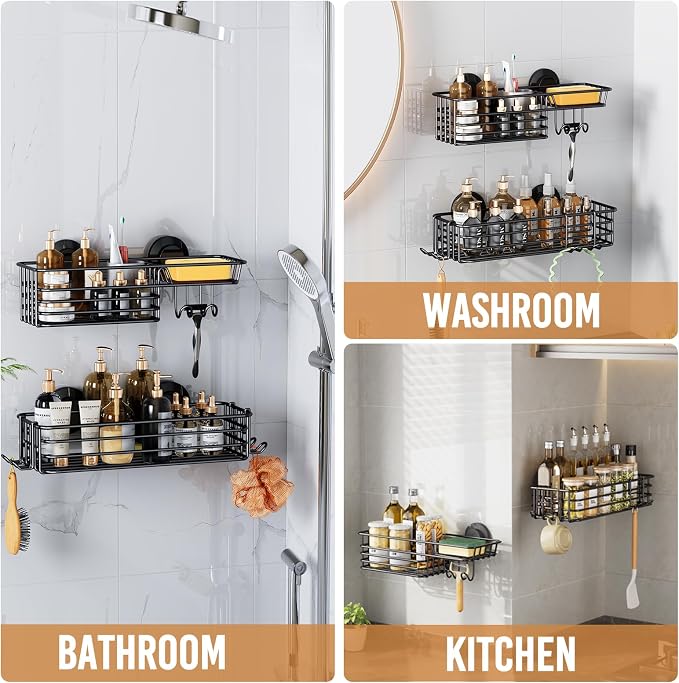 LEVERLOC Shower Caddy Suction Cup, 2 Pack Suction Shower Shelf With Hooks - Image 5