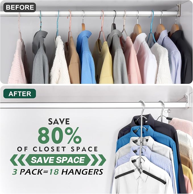 DOIOWN Clothes Hangers Space Saving: 6 Tier Coat Hanger Space Saving Hangers Non Slip Foam Padded Hanger, 3 Pack Black Metal Sweater T Shirt Hangers for Men Women, Closet Organizers and Storage - Image 4