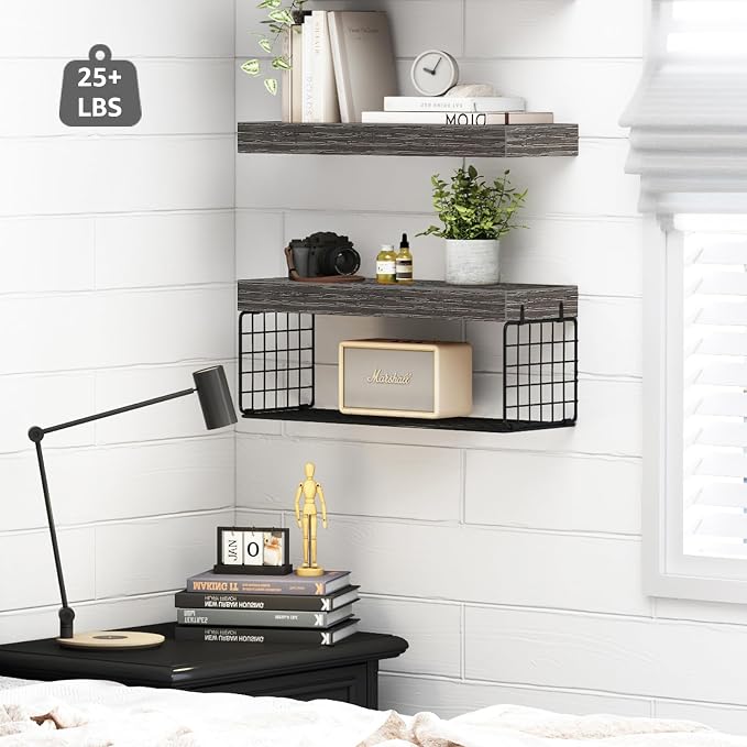 QEEIG Bathroom Shelves Over Toilet - Wall Mounted Floating Shelves Toilet Paper Storage Small Farmhouse Decor Shelf 16 inch Set of 2, Grey (019-GY2) - Image 4