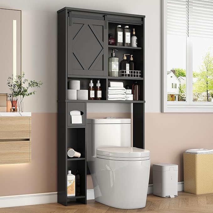 Over the Toilet Storage Cabinet with Farmhouse Sliding Barn Door, Above Toilet Organizer with Toilet Paper Holder Stand, Behind Toilet Shelf, Space Saver for Restroom, Bathroom, Laundry, Black by KNOWORLD