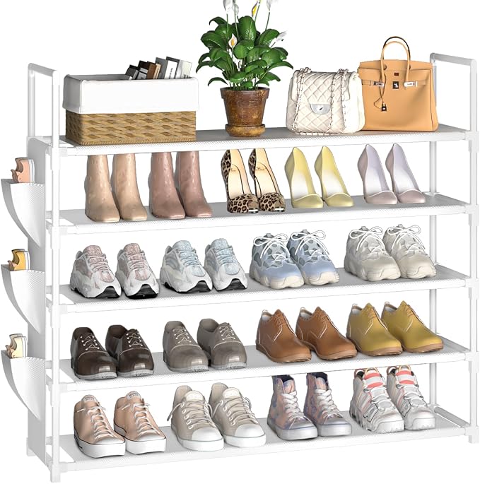 OYREL 5 Tier Shoe Organizer, 33.3in Wide x 11.2in Deep x 35.6in Tall, Black Metal and Plastic Shoe Rack with Side Bag, Holds 20-25 Pairs of Shoes by OYREL