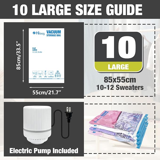 HIBAG Vacuum Storage Bags with Electric Pump, Vacuum Seal Bags for Clothing, Pillows, Blanket Bedding Comforters, 10 pack Large - Image 2