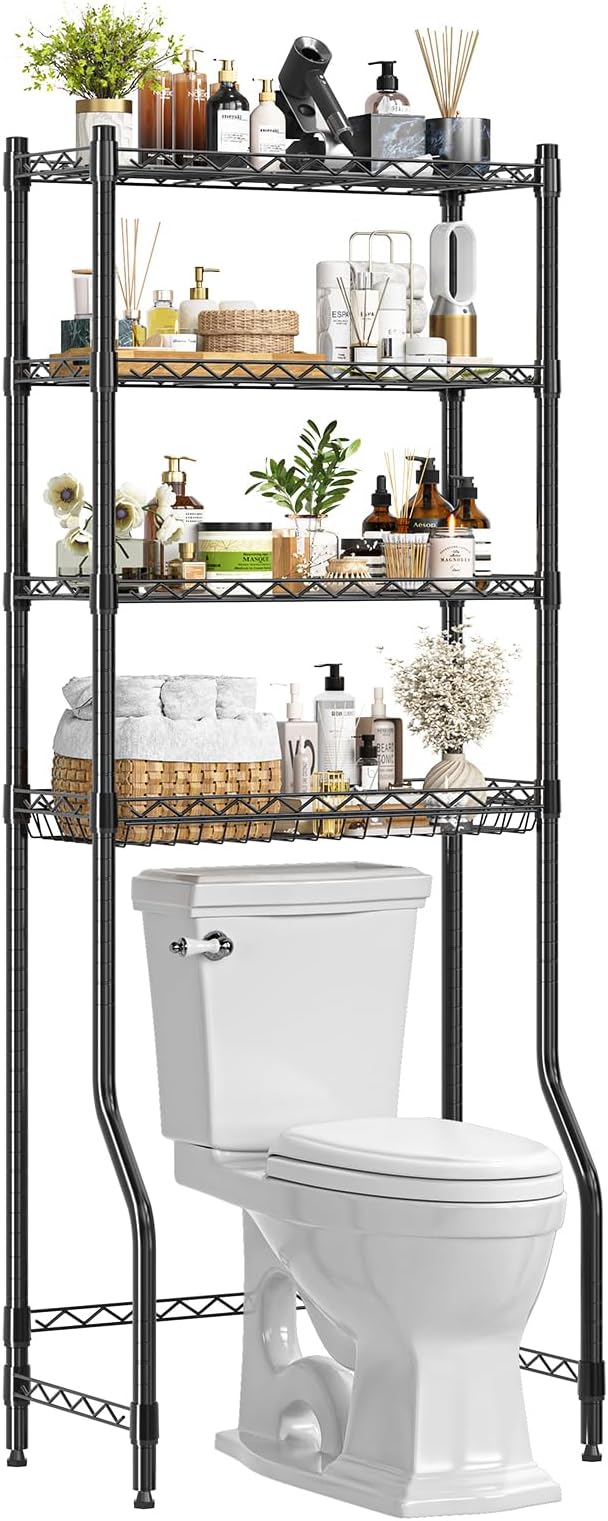 Simple Trending 4 Tier Over The Toilet Storage Rack, Bathroom Organizers and Storage Over Toilet with Adjustable Shelf and Basket, (Black) by SimpleTrending