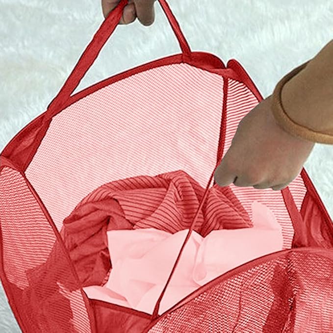 Pop up Hamper for Laundry, Collapsible Mesh Laundry Basket, Portable Foldable Clothes Hamper Storage Bin for Apartment, College Dorm or Travel, Red - Image 3