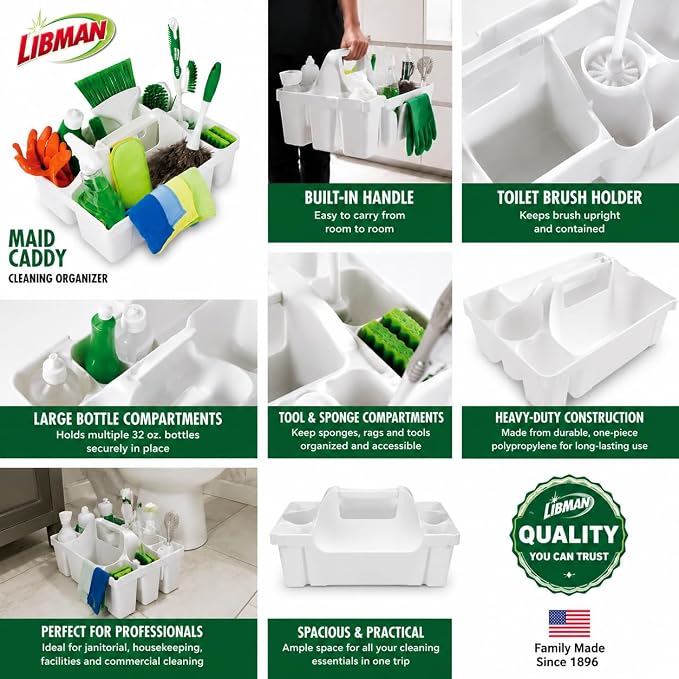 Tribello Libman Maid Caddy Cleaning Organizer, Heavy-Duty Janitorial Carry Caddy with Bottle Holders, Toilet Brush Holder & Tool Compartments, Commercial Cleaning Supply Tote (White) - Image 3