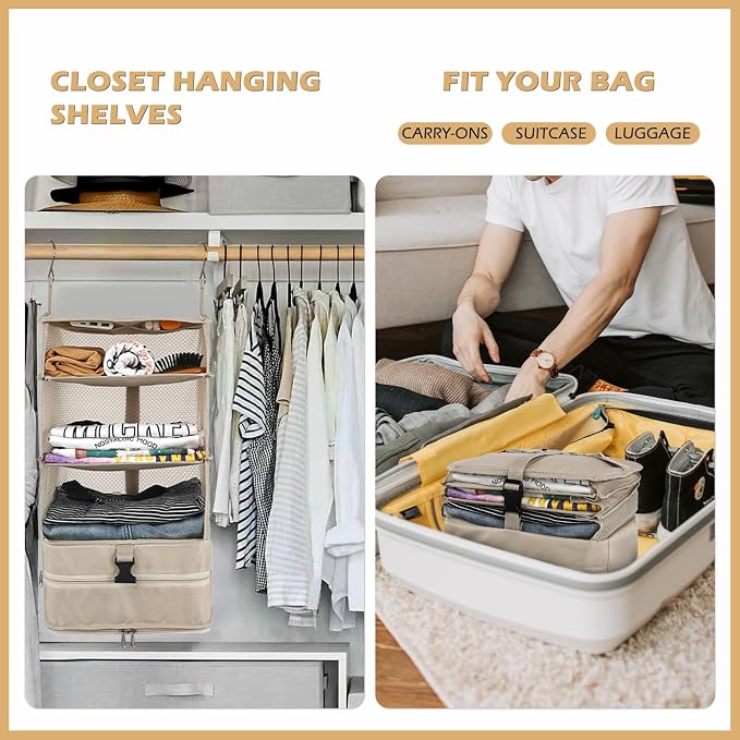 Surblue Hanging Closet Storage Bag Collapsible 3-Shelf Washable Oxford Fabric with 2 Hooks (L 11.41 * 11.41 * 19.68in, Beige) - Image 2