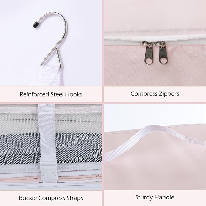 Surblue Hanging Shelves Travel Storage Bag Compression Packing Cube for Suitcase Collapsible with Extension Layer Large Capacity, Pink,XL - Image 6
