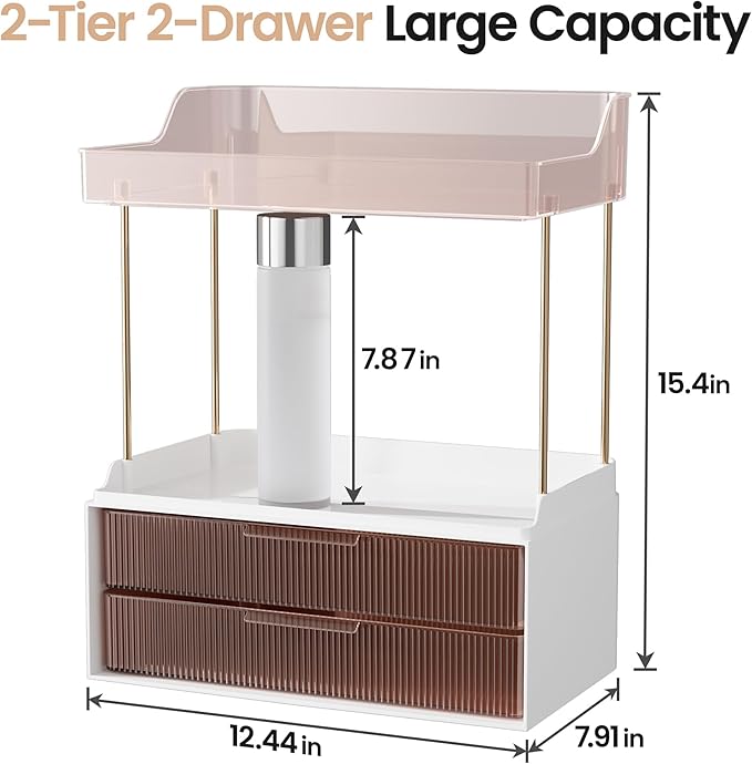Delamu 4-Tier Makeup Organizer, Bathroom Counter, 2 Drawers, Grapefruit - Image 2