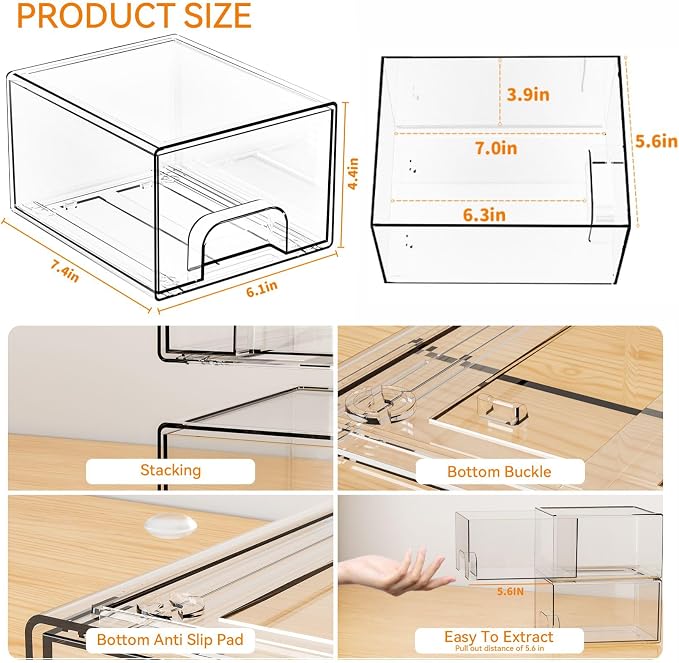 Yieach 8 Pack Small Stackable Storage Bins,Clear Acrylic Drawer Boxes,Medicine Cabinet Organizer,Plastic Containers for Organizing Vanity,Undersink,Pantry,Bathroom Makeup Organizer,Home Organization - Image 3