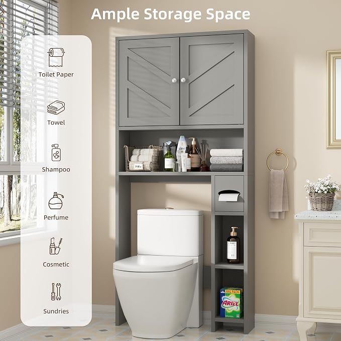 Shintenchi Over the Toilet Storage Cabinet, Bathroom Storage Cabient with Barn Doors, Bathroom Storage Shelf Organizer with Toilet Paper Holder, Adjustable Shelf and Anti-Tip Device, Gray - Image 5
