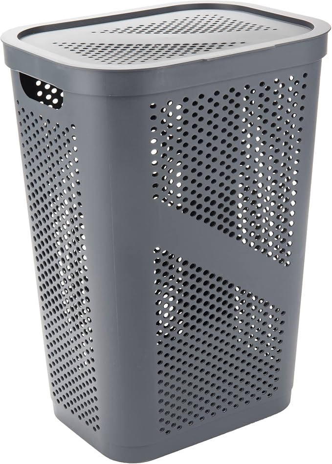 Mind Reader Slim Laundry Hamper with Lid, 60L Clothes Basket, Ventilated Plastic, Gray - Image 6
