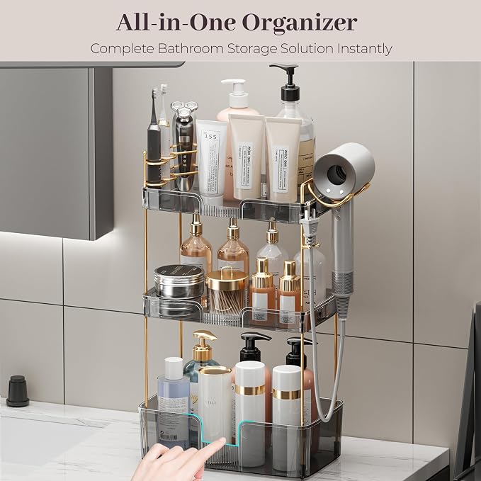 Aveniee Bathroom Counter Organizer,3 Tier Skincare Perfume Countertop Storage with Hair Dryer Rack and Toothbrush Holder, Cosmetic Makeup Tray for Vanity,Grey - Image 2