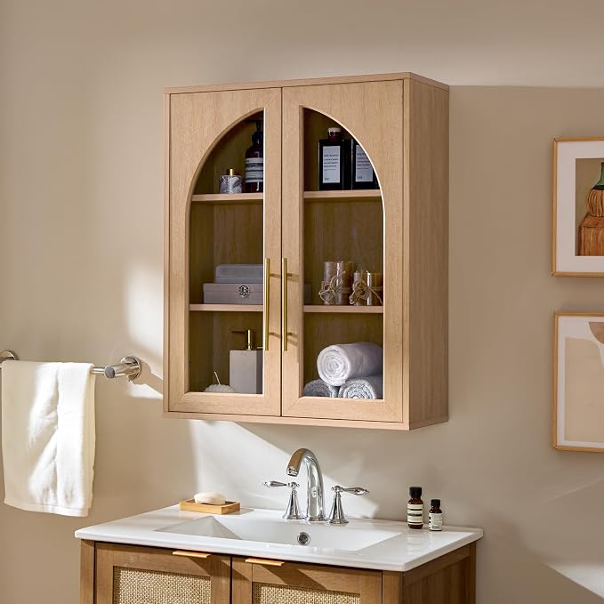 Bathroom Wall Cabinet, 23.5×31.4'' Storage Cabinet, Arched Cabinet Wall Mount with Adjustable Shelf & Glass Doors, Medicine Cabinet for Laundry Room, Bathroom, Kitchen, Living Room,Natural,3PCS - Image 6