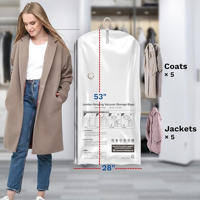 Hanging Vacuum Storage Bags, Space Saver for Clothing, 4 Long with Pump | Vacuum Seal Bags for Clothing with Electric Pump, Hanging Garment Storage for Jackets, Suit, Dresses, Winter Closet Organizer - Image 7