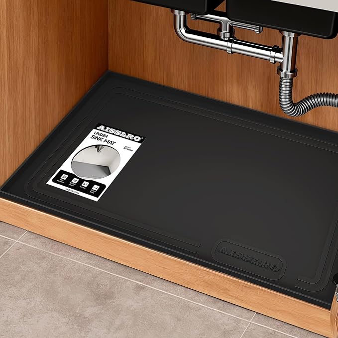 Under Sink Mat 31 X 22, Waterproof Silicone Cabinet Kitchen Liner, Black by AisslroDirect