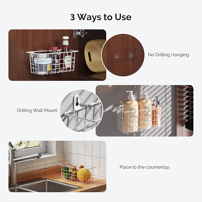 MaraFansie Hanging Wire Baskets Kitchen Storage Basket Adhesive and Screws Basket Over the Cabinet Door Organizer with Adhesive Strips and Screws Accessories, White, 4 Pack - Image 2