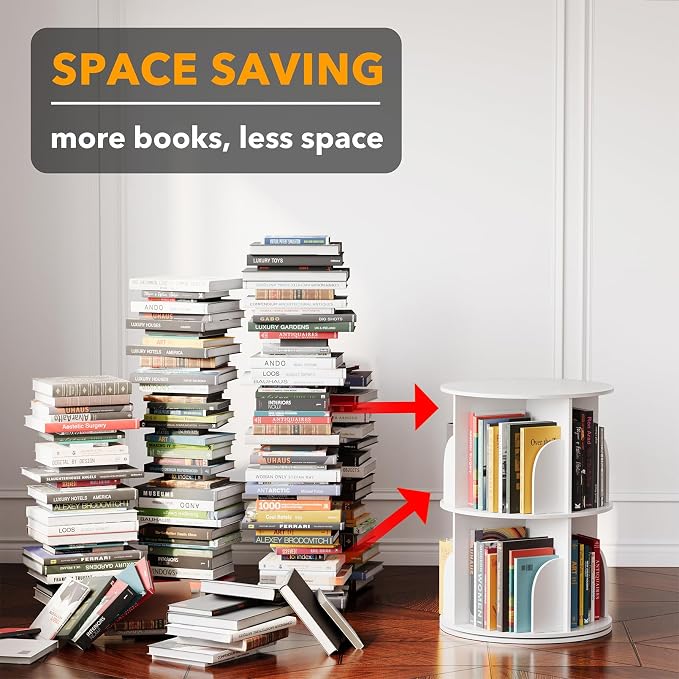 SpaceAid 2 Tier Rotating Bookshelf Tower, Spinning Bookcase Lazy Susan, Revolving 360 Book Shelf Storage Round Carousel, Vertical Rotate Turning Spiral Corner Organizer, White - Image 3