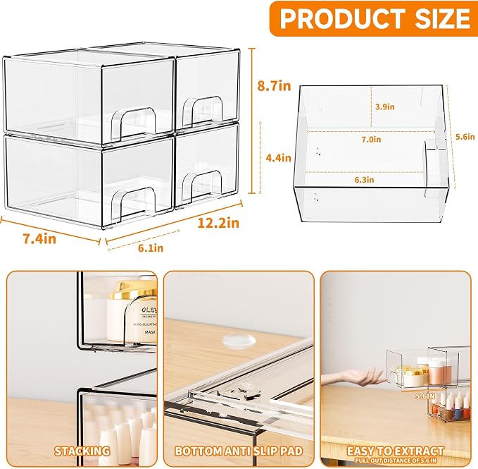 Yieach 4 Pack Clear Stackable Storage Drawers,4.4'' Tall Acrylic Drawer Containers for Organizing,Bathroom Organizers and Storage Bin Box,Plastic Makeup,Medicine Organizer Bins for Cabinet,Undersink - Image 3