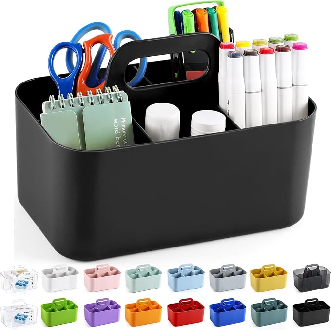 Multiuse Caddy Organizer with Handle, Portable Divided Plastic Tote Bin - Art Craft, Stationary Pen Marker Crayons, Makeup Hair Supplies Storage - Bathroom, Classroom, Dorm, Office, Desk Holder -Black by AOZITA