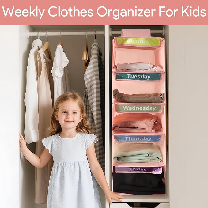 Weekly Clothes Organizer for Kids, Days of The Week Clothes Organizer with 6 Side Pockets, 5-Shelf Hanging Closet Organizer with Monday Through Friday Labels, Weekly Clothing Prepare & Divider - Image 4