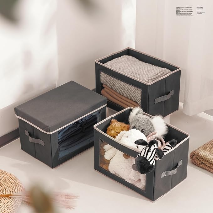 Homsorout Storage Bins with Lids - Fabric Storage Boxe with Window, Collapsible Closet Organizers with Handles, 3 Pack Decorative Bin, Home Cubes Baskets for Clothes, Hat, Books, Dark Grey - Image 5