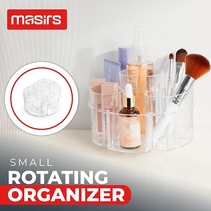 Masirs Small 360 Rotating Makeup Organizer, 5 Compartments, Round Clear - Image 2