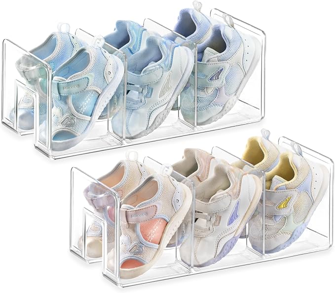 HBlife Widened 4.17 Inch Clear Acrylic Kids Shoe Rack for Closet Organizers and Storage, Small Shoe Rack 3 Sections Toddler Baby Shoe Storage Organizer Shelf, Desk File Book Purse Organizer(2 Pack) by HBlife