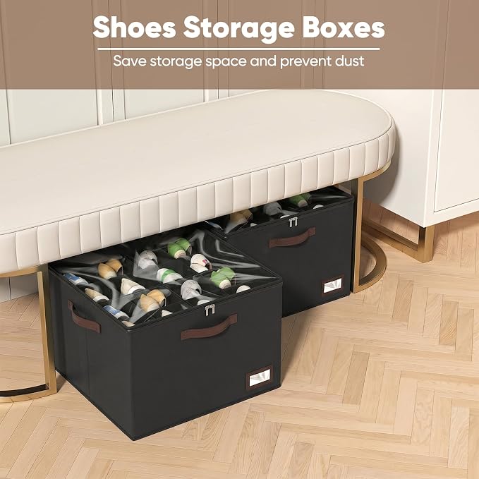 OIAHOMY 2 Pack Shoe Organizer for Closet, Large Foldable Shoe Storage Bins with Dividers and Reinforced Handles, Each Clear Cover Sneaker Box Fits Up to 16 Pairs for Entryway and Bedroom, Black - Image 2