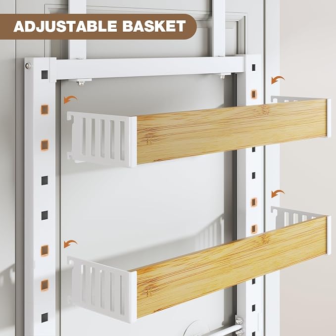 6 Tier Over the Door Pantry Organizer with Adjustable Wooden Baskets, Heavy Duty 2 in 1 Wall Mounted & Hanging Spice Rack for Kitchen, Cabinet and Closet Organization - Image 8