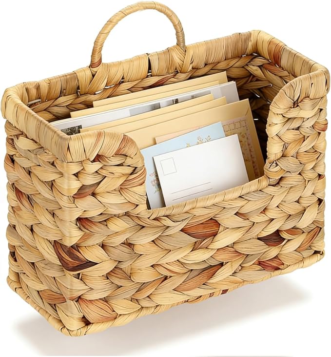 Hanging Magazine Basket, Woven Wall Magazine Holder Organizer with Handle for Mail, Files, Books - Water Hyacinth Farmhouse Storage Rack for Bathroom, Kitchen, Office by VANEME
