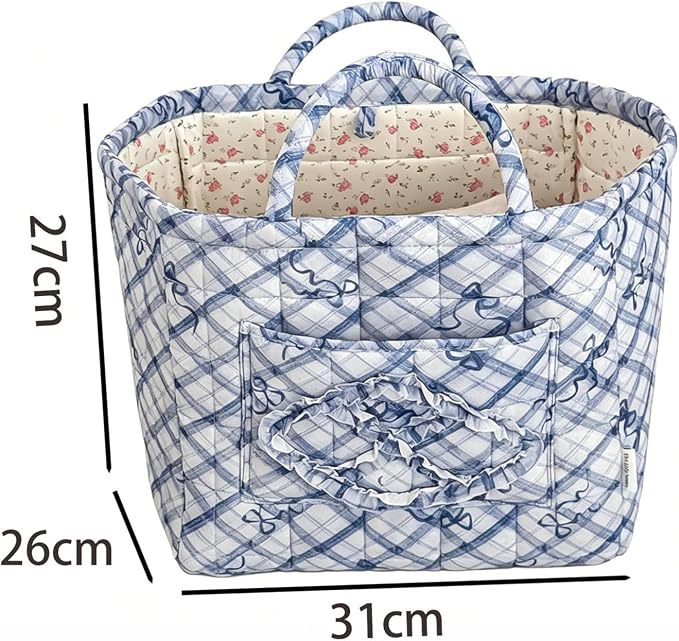 Storage Basket Boho Fabric Large Collapsible Floral Laundry Nursery Hamper Portable Folding Storage for Clothes Toys (Blue Bow) - Image 5