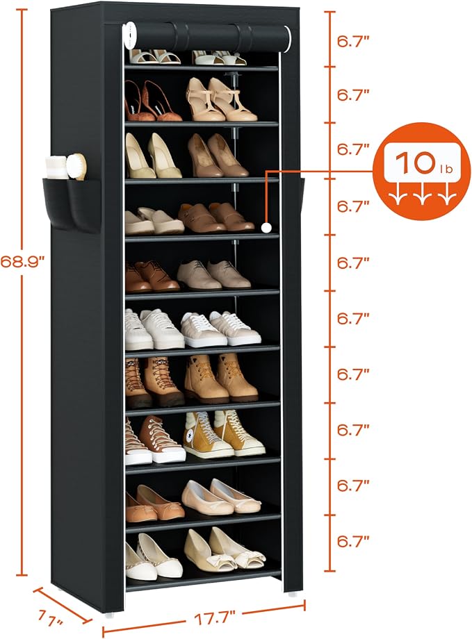 CASAMAYA Shoe Rack with Covers, 10 Tiers Tall Shoe Rack Organizer, Large Capacity Shoe Shelf Storage, Hold 20 Pairs of Shoes, Vertical Shoe Storage Organizer for Closet, Entryway, Black, SRT102B01 - Image 6