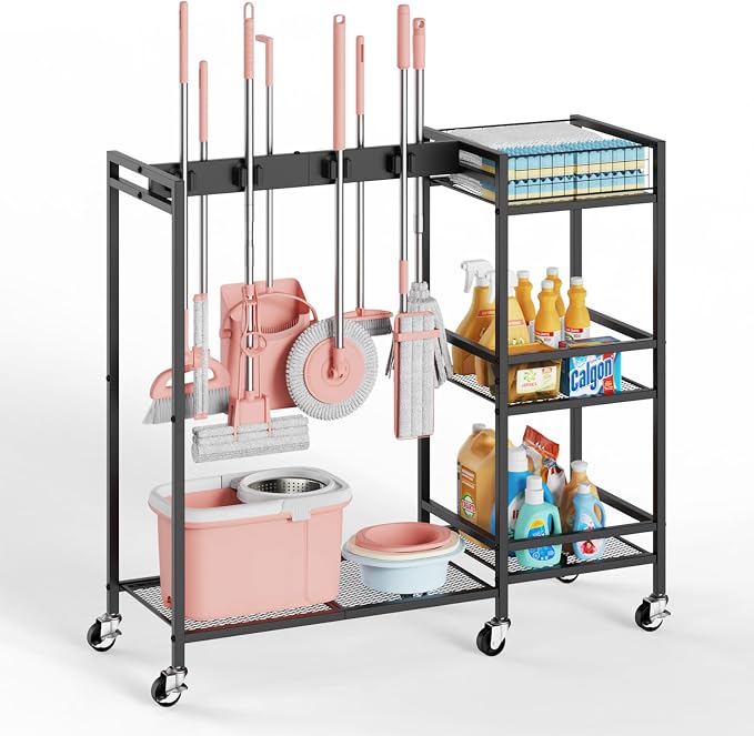 Broom and Mop Holder, MUNNAR Broom Closet Storage Cabinet with Cleaning Supplies Organizer, 2-in-1 Broom Mop and Cleaning Supplies Storage Cleaning Cart, Cleaning Cart with Wheels for Housekeeping by MUNNAR