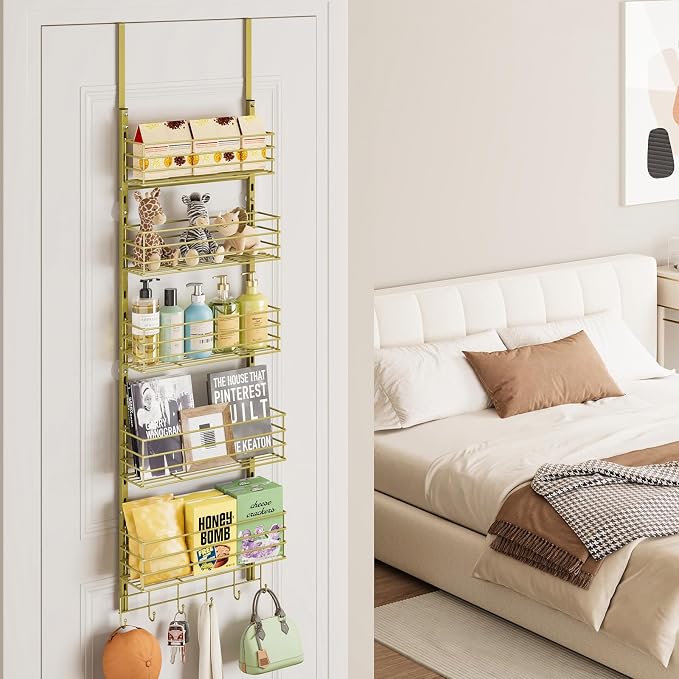 SWTYMIKI Over The Door Organizer - Door Organizer Hanging with 5 Adjustable Metal Large Capacity Basket and 6 Coat Hook, Wall Mounted Shelf for Bedroom Closet Bathroom Laundry Pantry Cabinet Kitchen - Image 2
