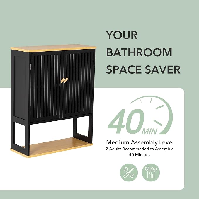 Bathroom Wall Cabinet with Bamboo Doors, 24 x 30 Inch, Black - Image 6