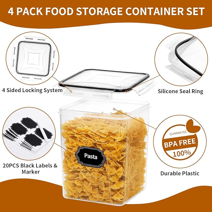 HKJ Chef 4 Pack Large Airtight Food Storage Containers with Lids (5.2L / 176oz), BPA Free Plastic Kitchen and Pantry Organization Contianers for Cereal Flour and Sugar Storage, Labels & Marker - Image 3