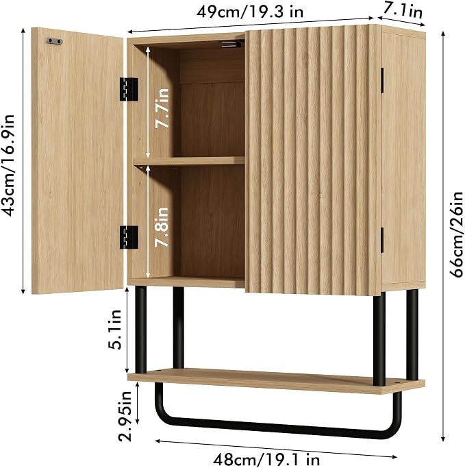 RUSTOWN Fluted Bathroom Wall Cabinet with 2 Doors, 3-Tier Medicine Cabinet - Image 3