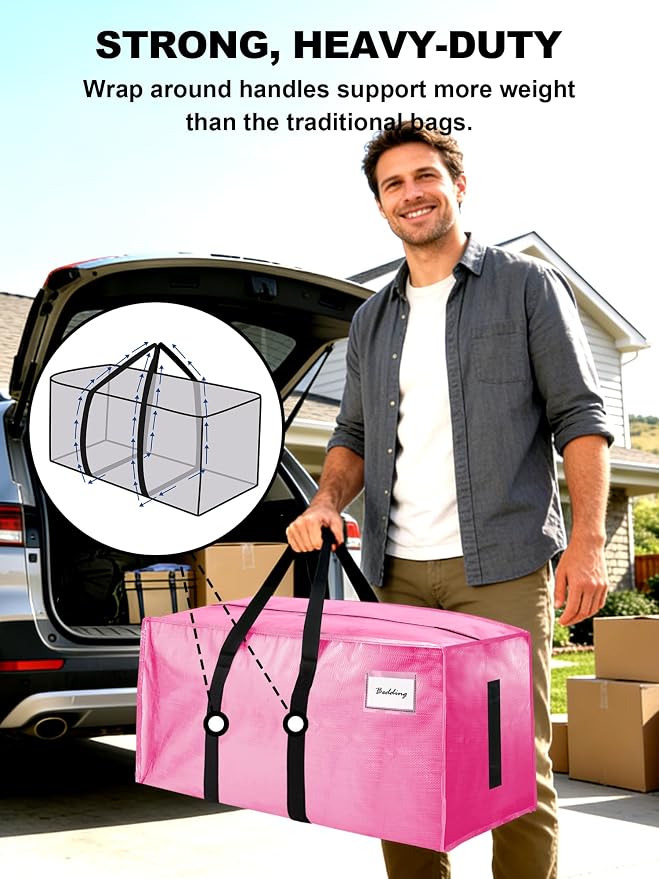 HOMESURE Supports 200lbs Heavy Duty Moving Bags - Strong Zipper & Wrap-Around Handles - Water-Resistant Storage Totes, Durable Alternative to Moving Boxes - 12 Pack - Pink - Image 2